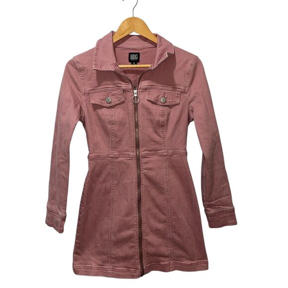 Urban Outfitters Women's June Zip-Front Mini Denim Dress Size 6 Dust Pink - Picture 1 of 8